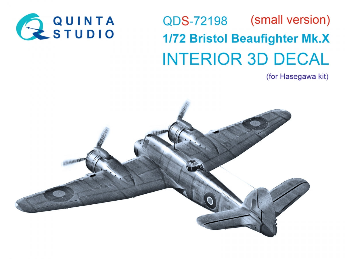 Quinta Studio QDS-72198 Bristol Beaufighter Mk.X 3D-Printed &amp;amp; colored Interior on decal paper (Hasegawa) (small version) 1/72