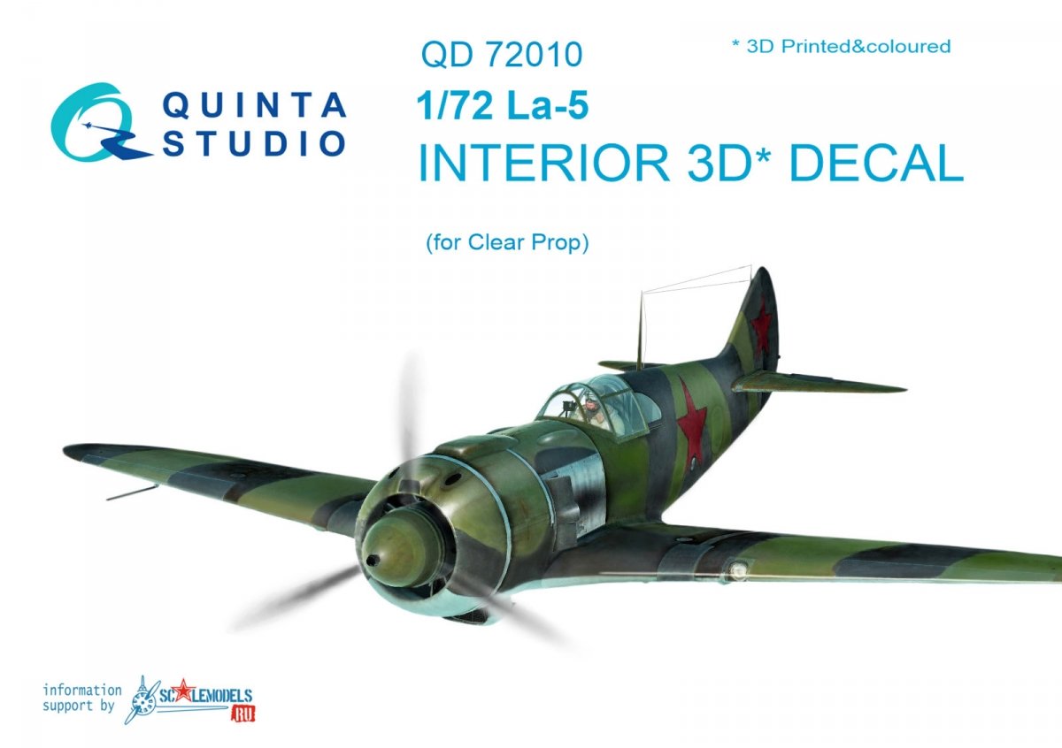 Quinta Studio QD72010 La-5 3D-Printed &amp; colored Interior on decal paper (for ClearProp kit) 1/72