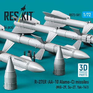 RESKIT RS72-0581 R-27ER (AA-10 Alamo-C) missiles (4 pcs) (MiG-29, Su-27, Yak-141) (3D Printed) 1/72