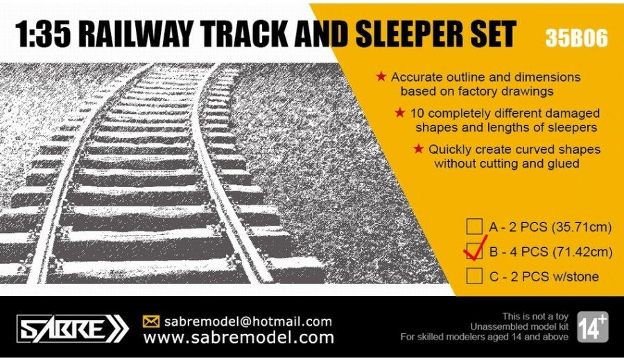Saber 35B06-B RAILWAY TRACK AND SLEEPER SET (4 PCS - Length 71.42 cm) 1/35