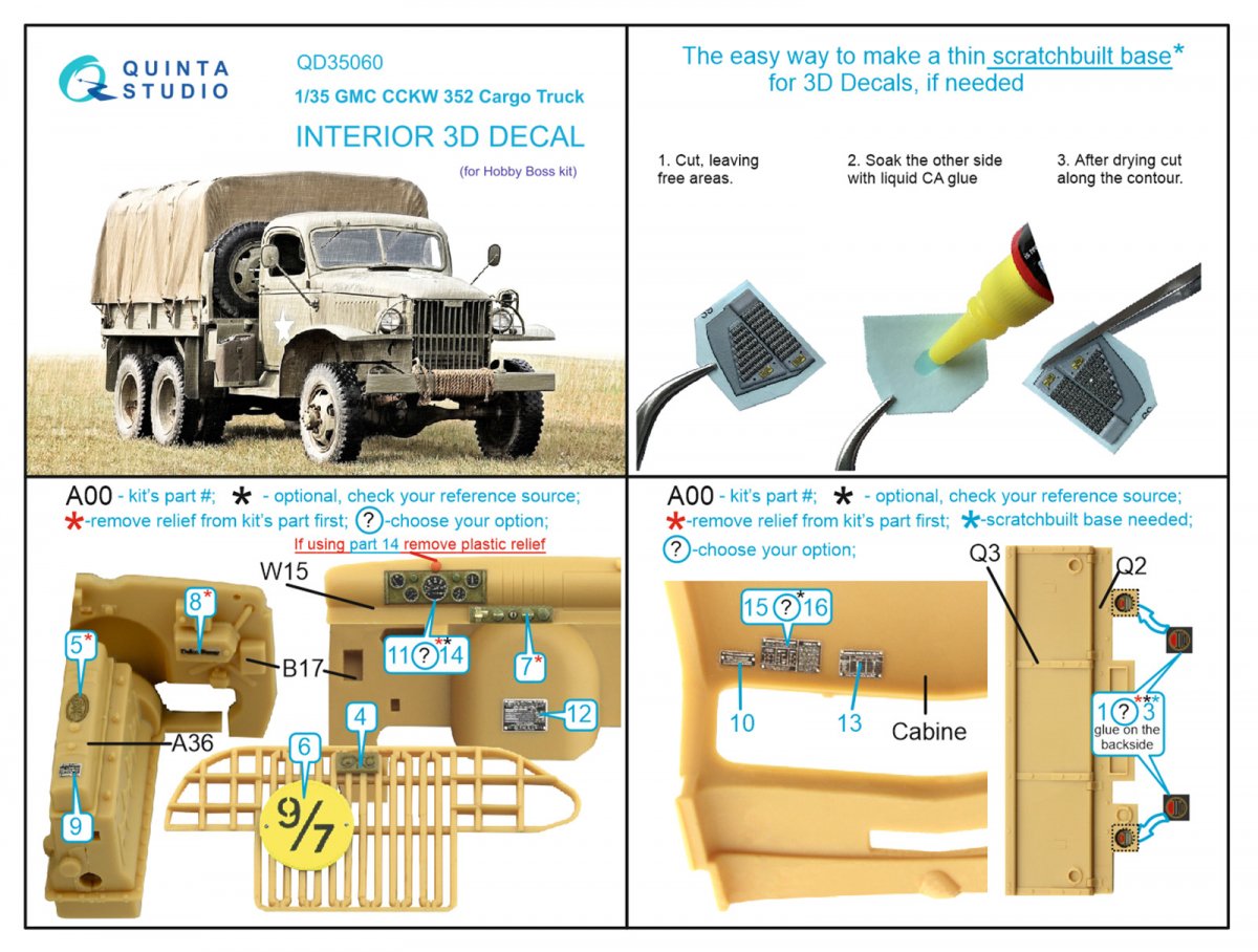 Quinta Studio QD35060 GMC CCKW 352 Cargo Truck 3D-Printed &amp;amp; colored Interior on decal paper (HobbyBoss) 1/35 – immagine 7