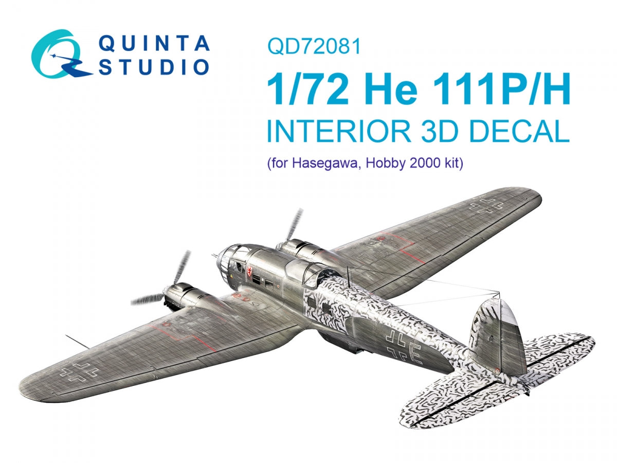 Quinta Studio QD72081 He 111 P/H 3D-Printed &amp;amp; colored Interior on decal paper (Hasegawa) 1/72