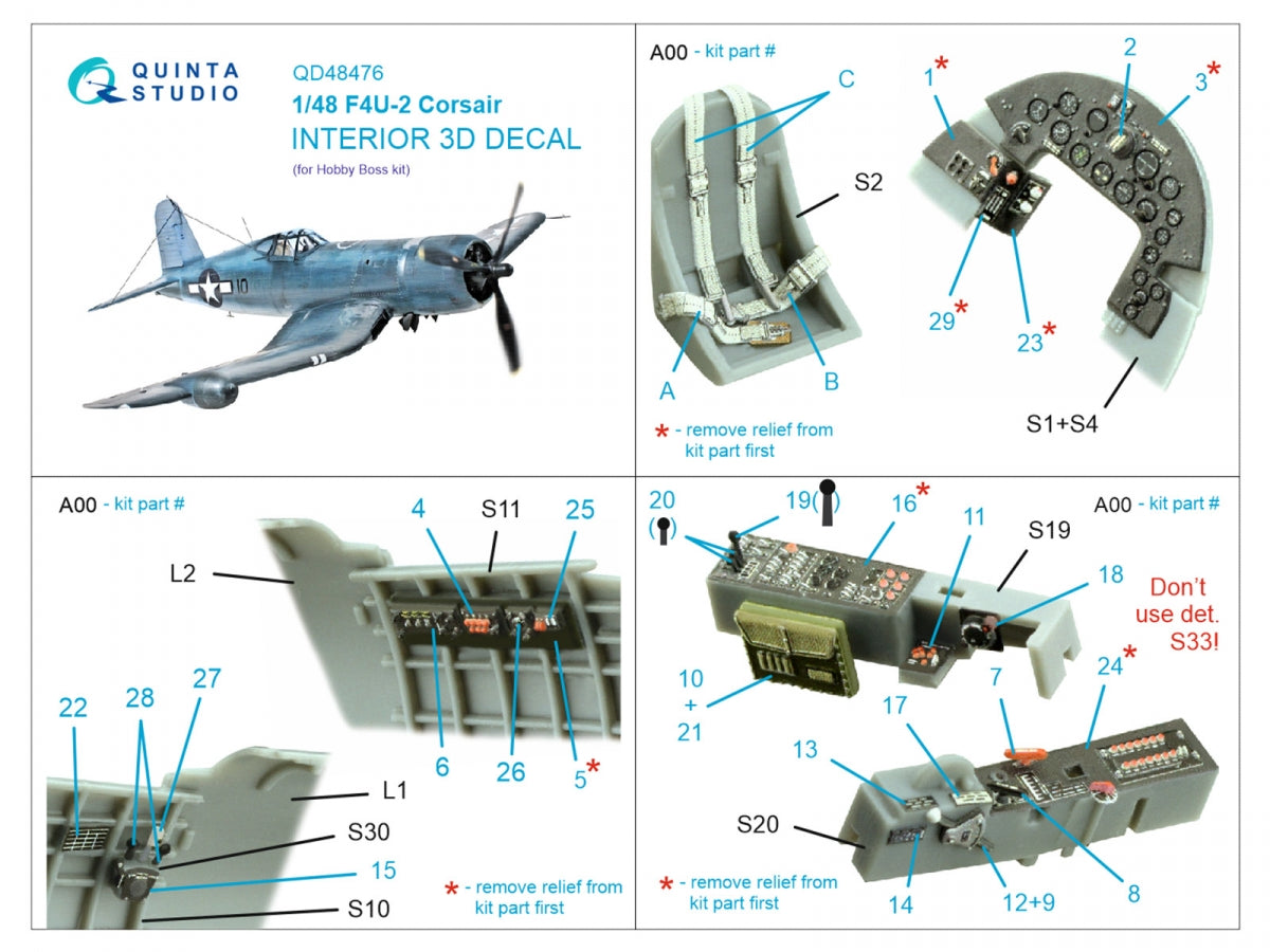 Quinta Studio QD48476 F4U-2 Corsair 3D-Printed colored Interior on decal paper (Hobby Boss) 1/48 – Bild 2