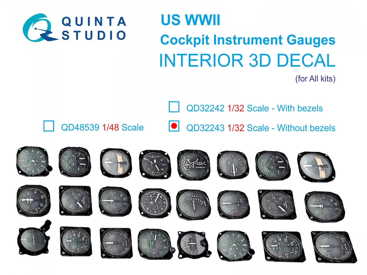 Quinta Studio QD32243 US WWII Cockpit instrument gauges without bezels 3D-Printed &amp;amp; colored Interior on decal paper (All Kits) 1/32