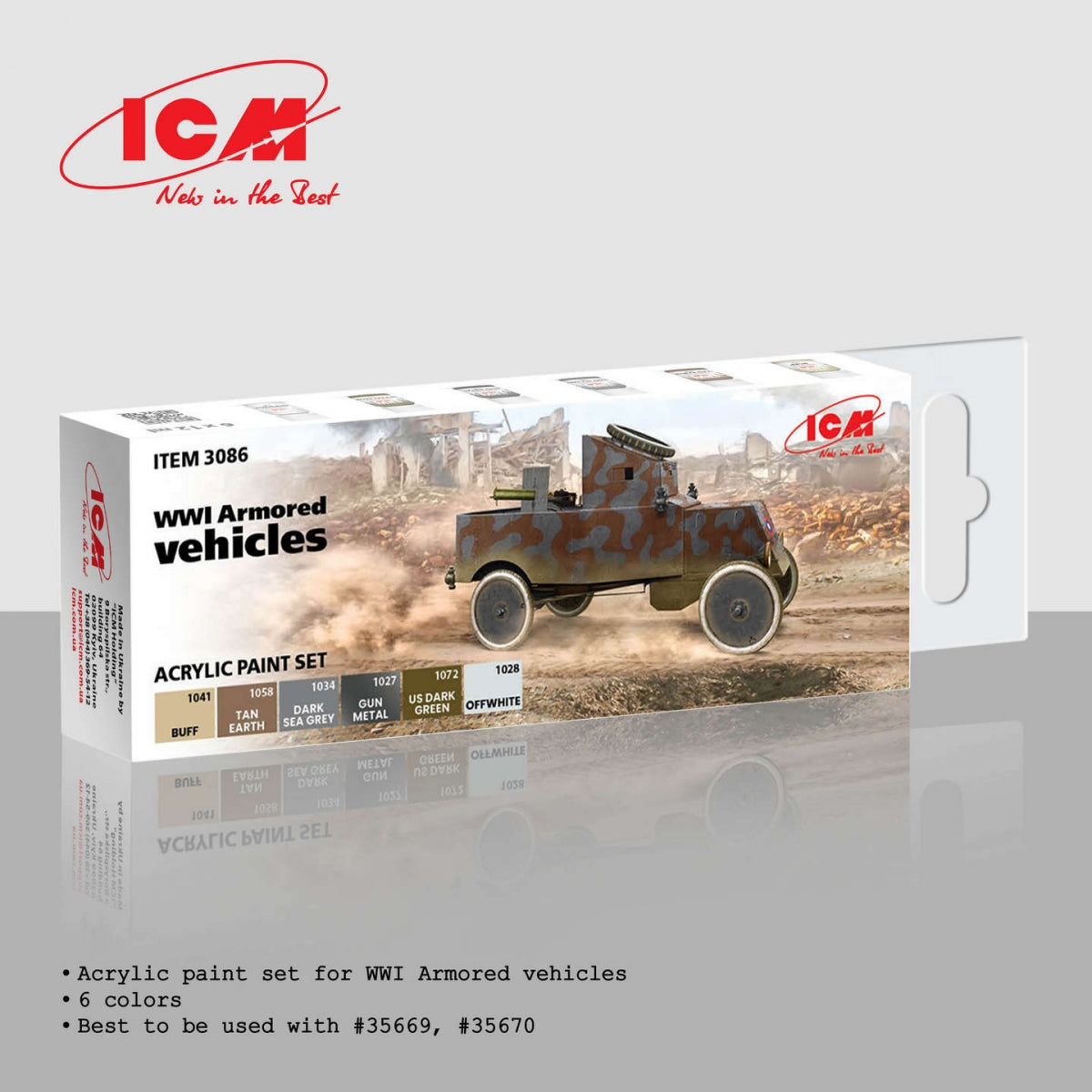 Kit de peinture acrylique ICM 3086 pour véhicules blindés de la Première Guerre mondiale, 12 ml x 6
