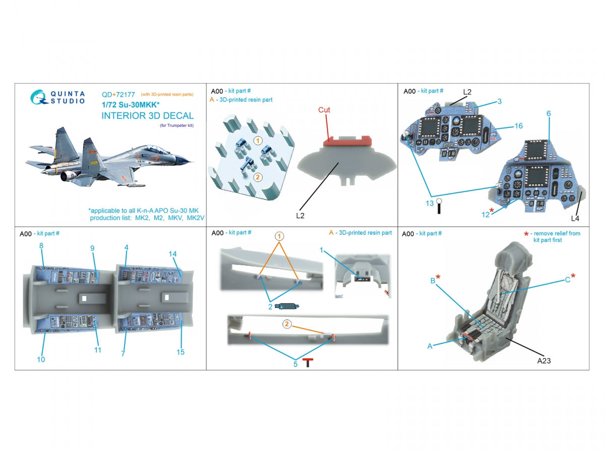 Quinta Studio QD+72177 Su-30MKK 3D-Printed &amp;amp; colored Interior on decal paper (Trumpeter) (with 3D-printed resin part) 1/72 – immagine 2