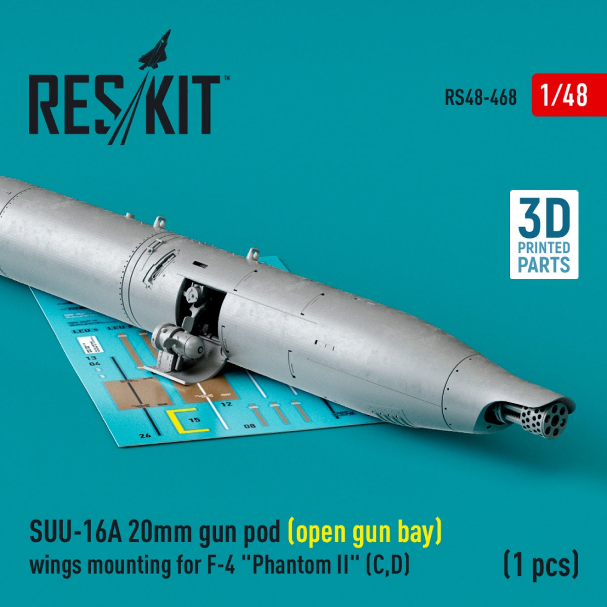 RESKIT RS48-0468 SUU-16A 20mm gun pod (open gun bay) wings mounting for F-4 Phantom II (C,D) (1 pcs) (3D Printed) 1/48 – obrázek 2
