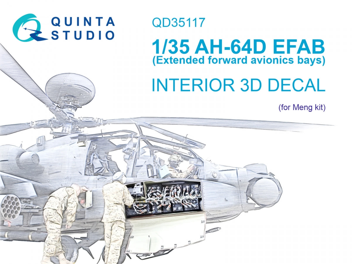 Quinta Studio QD35117 AH-64D Extended forward avionics bays 3D-Printed &amp; colored Interior on decal paper (Meng) 1/35