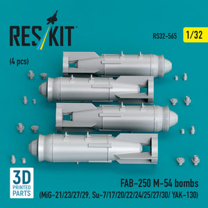 RESKIT RS32-0565 FAB-250 М-54 bombs (4 pcs) (MiG-21/23/27/29, Su-7/17/20/22/24/25/27/30/ YAK-130) (3D Printed) 1/32