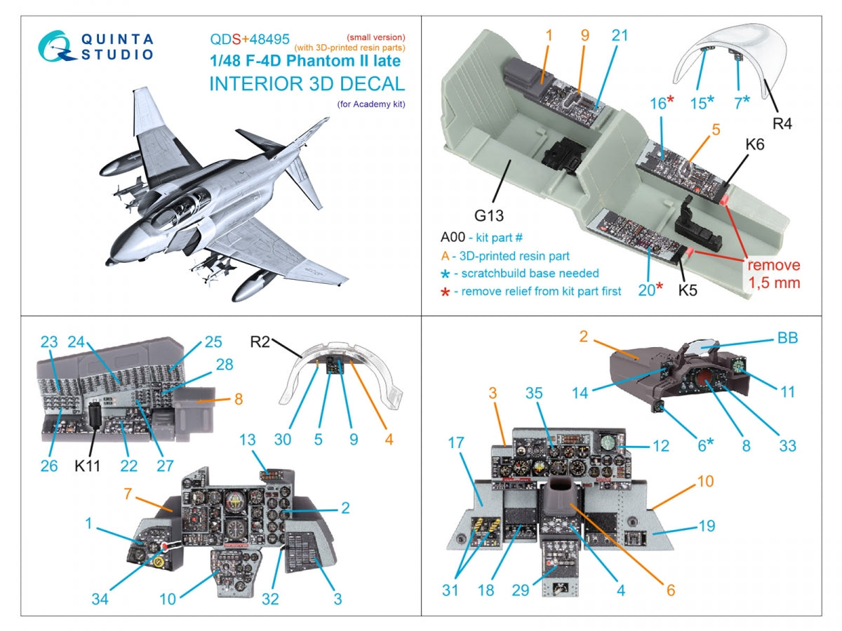Quinta Studio QDS+48495 F-4D late Phantom II 3D-Printed &amp;amp; colored Interior on decal paper (Academy) (Small version) (with 3D-printed resin parts) 1/48 – Bild 3