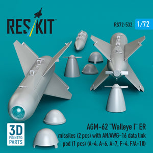 RESKIT RS72-0532 AGM-62 "Walleye I" ER missiles (2 pcs) with AN/AWG-16 data link pod (1 pcs) (A-4, A-6, A-7, F-4, F/A-18) (3D Printed) 1/72