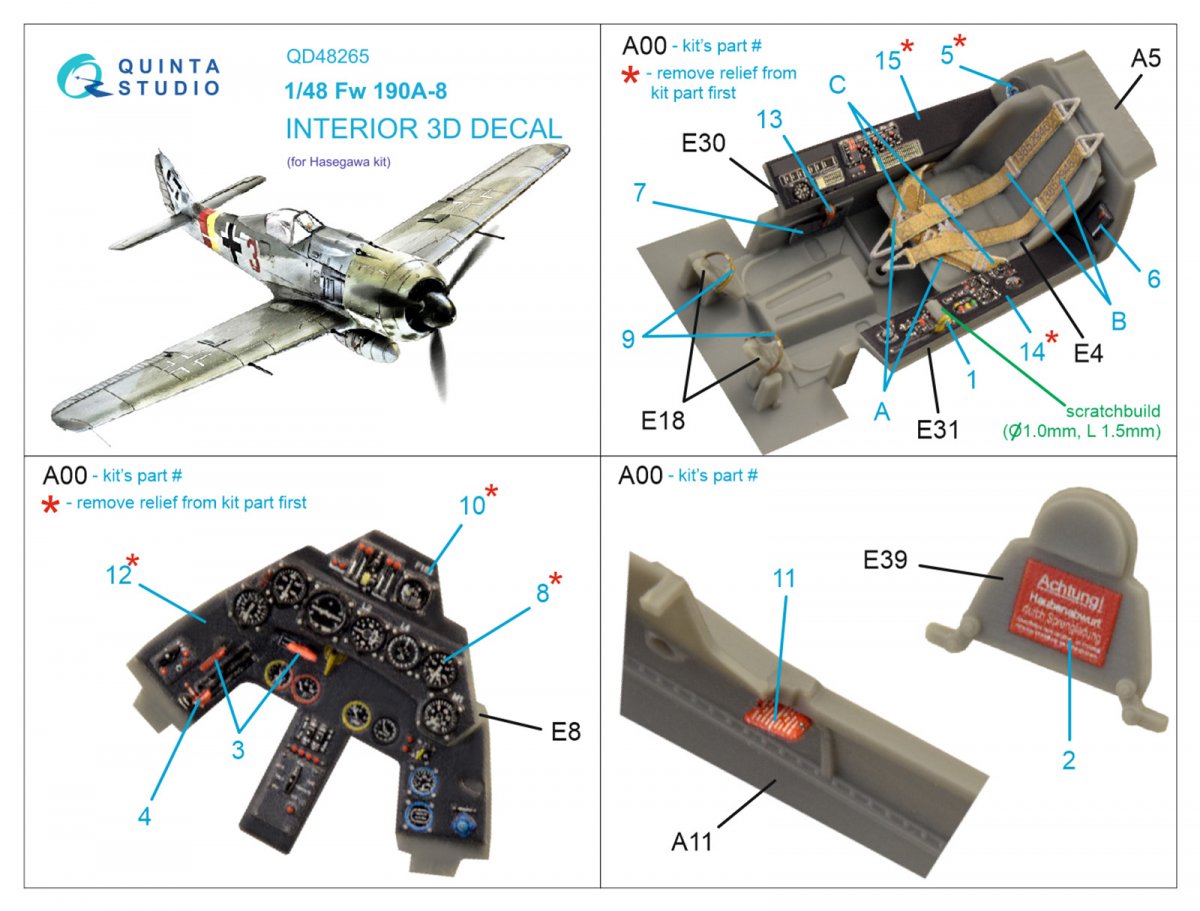 Quinta Studio QD48265 Fw 190A-8 3D-Printed &amp;amp; colored Interior on decal paper ( Hasegawa ) 1/48 – obrázek 2