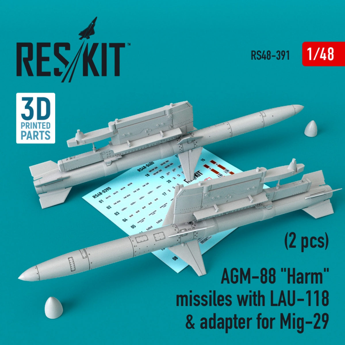 RESKIT RS48-0391 AGM-88 &amp;quot;HARM&amp;quot; MISSILES WITH LAU-118 &amp;amp; ADAPTER FOR MIG-29 (2 PCS) 1/48