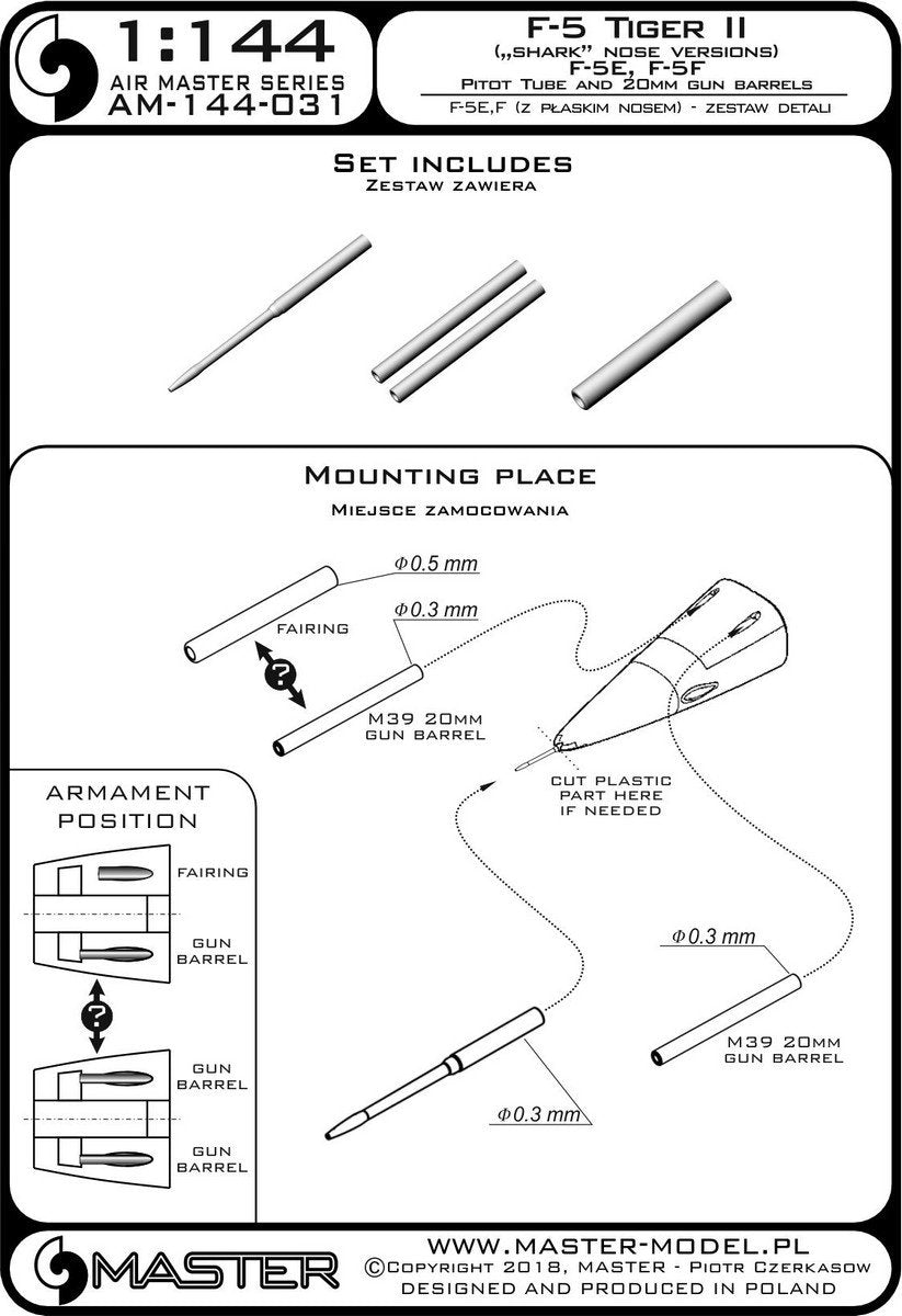 Master AM-144-031 F-5 Tiger II &amp;quot;Freedom Fighter&amp;quot; (flat nose version) - F-5A, E, F - detail set - Pitot tube and 20mm gun barrels 1/144 – image 3