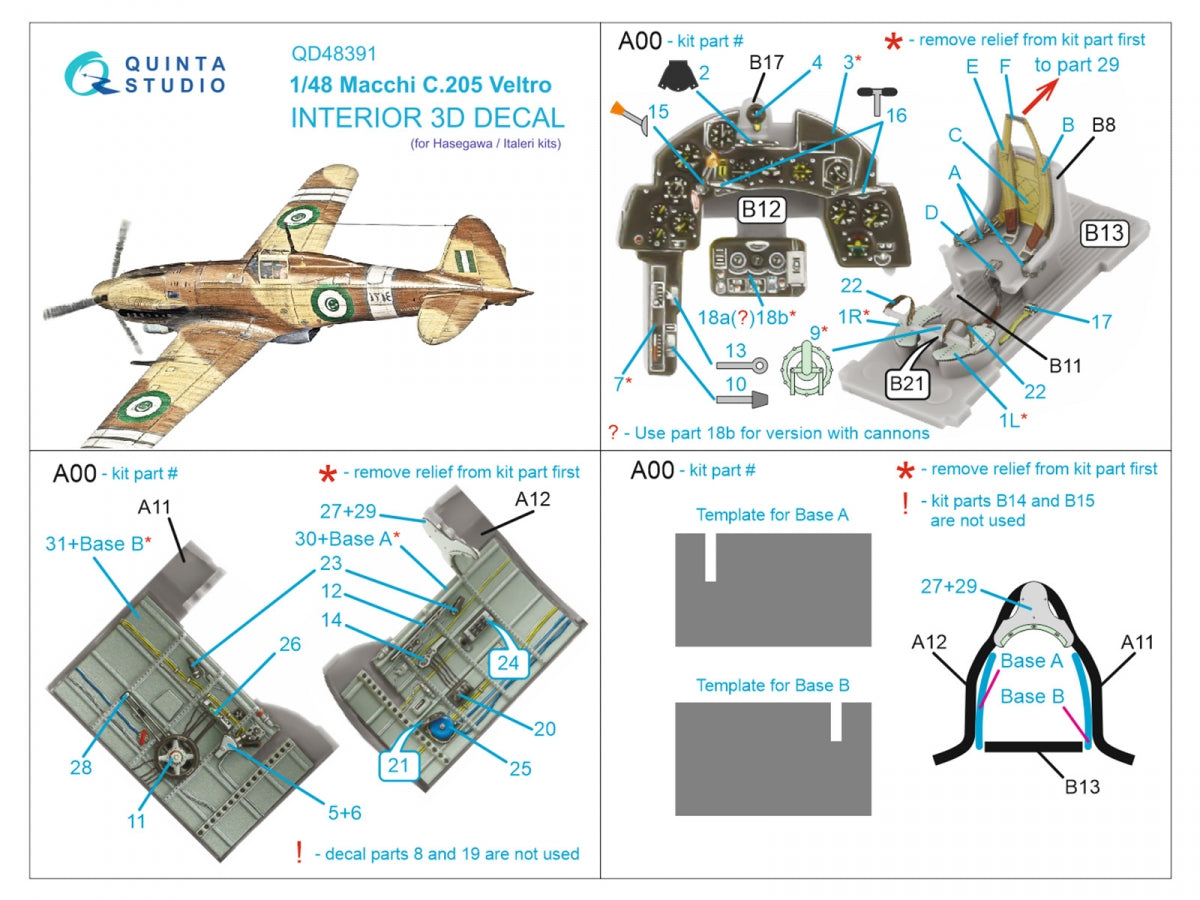 Quinta Studio QD48391 Macchi C.205 Veltro 3D-Printed &amp;amp; colored Interior on decal paper (Hasegawa/Italeri) 1/48 – image 2