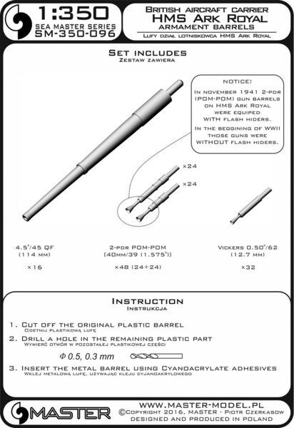 Master SM-350-096 HMS Ark Royal armament barrels - 4.5in (16pcs), 40mm POM-POM (48pcs), Vickers .50cal (32pcs) 1/350 – Bild 3