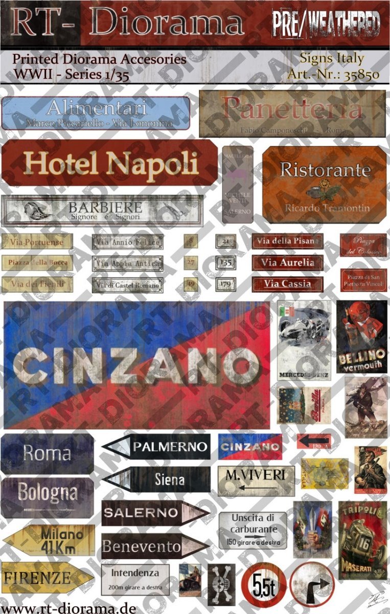 Accessoires imprimés RT-Diorama 35850 : Panneaux Italie 1/35 