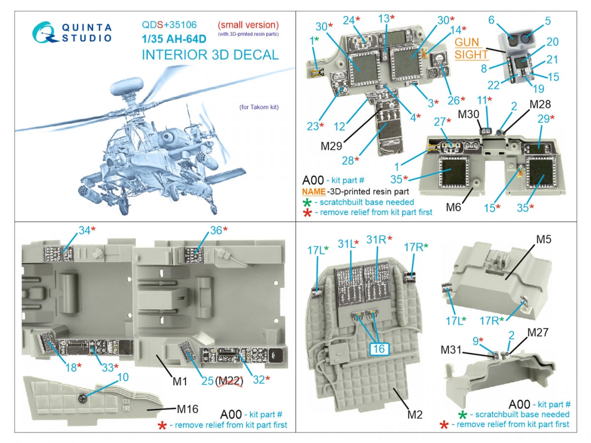 Quinta Studio QDS+35106 AH-64D 3D-Printed &amp;amp; colored Interior on decal paper (Takom) (Small version) (with 3D-printed resin parts) 1/35 – image 2