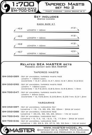 Master SM-700-048 Set of universal tapered masts No2 (length = 60mm each, diameters = 0.4/1.4mm; 0.5/1.6mm; 0.6/1.8mm; 0.7/2mm) 1/700 – imagen 3