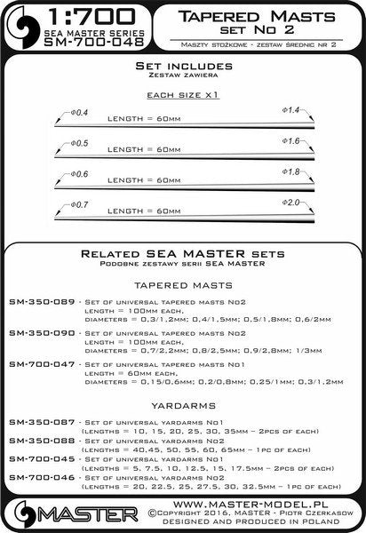 Master SM-700-048 Set of universal tapered masts No2 (length = 60mm each, diameters = 0.4/1.4mm; 0.5/1.6mm; 0.6/1.8mm; 0.7/2mm) 1/700 – imagen 3