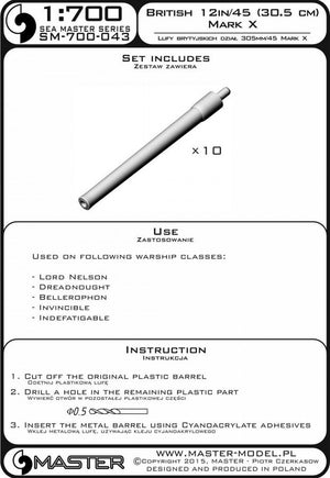 Master SM-700-043 British 12&amp;quot;/45 (30.5 cm) Mark X barrels (10pcs) - Lord Nelson, Dreadnought, Bellerophon, Invincible and Indefatigable classes 1/700 – image 3