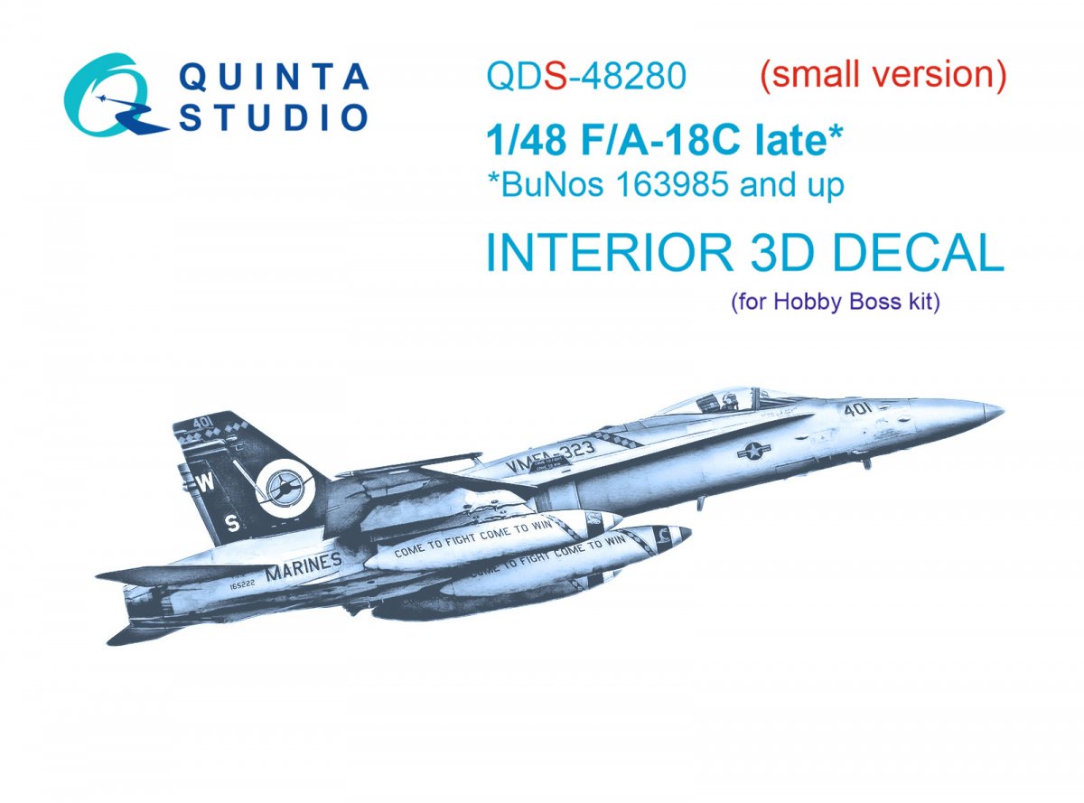Quinta Studio QDS-48280 F/A-18C late 3D-Printed &amp; colored Interior on decal paper (HobbyBoss)(Small version) 1/48