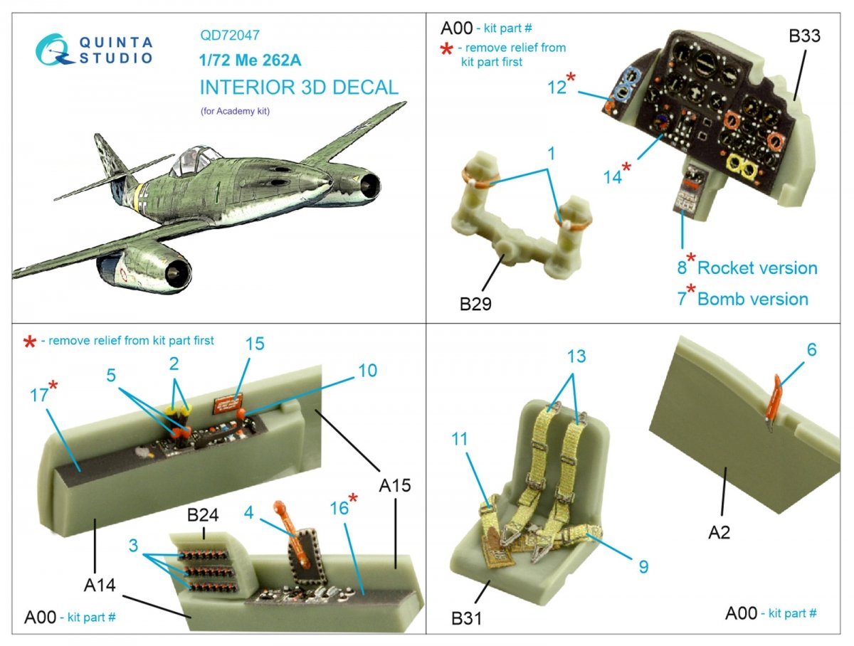 Quinta Studio QD72047 Me-262A 3D-Printed &amp;amp; colored Interior on decal paper (Academy) 1/72 – image 2