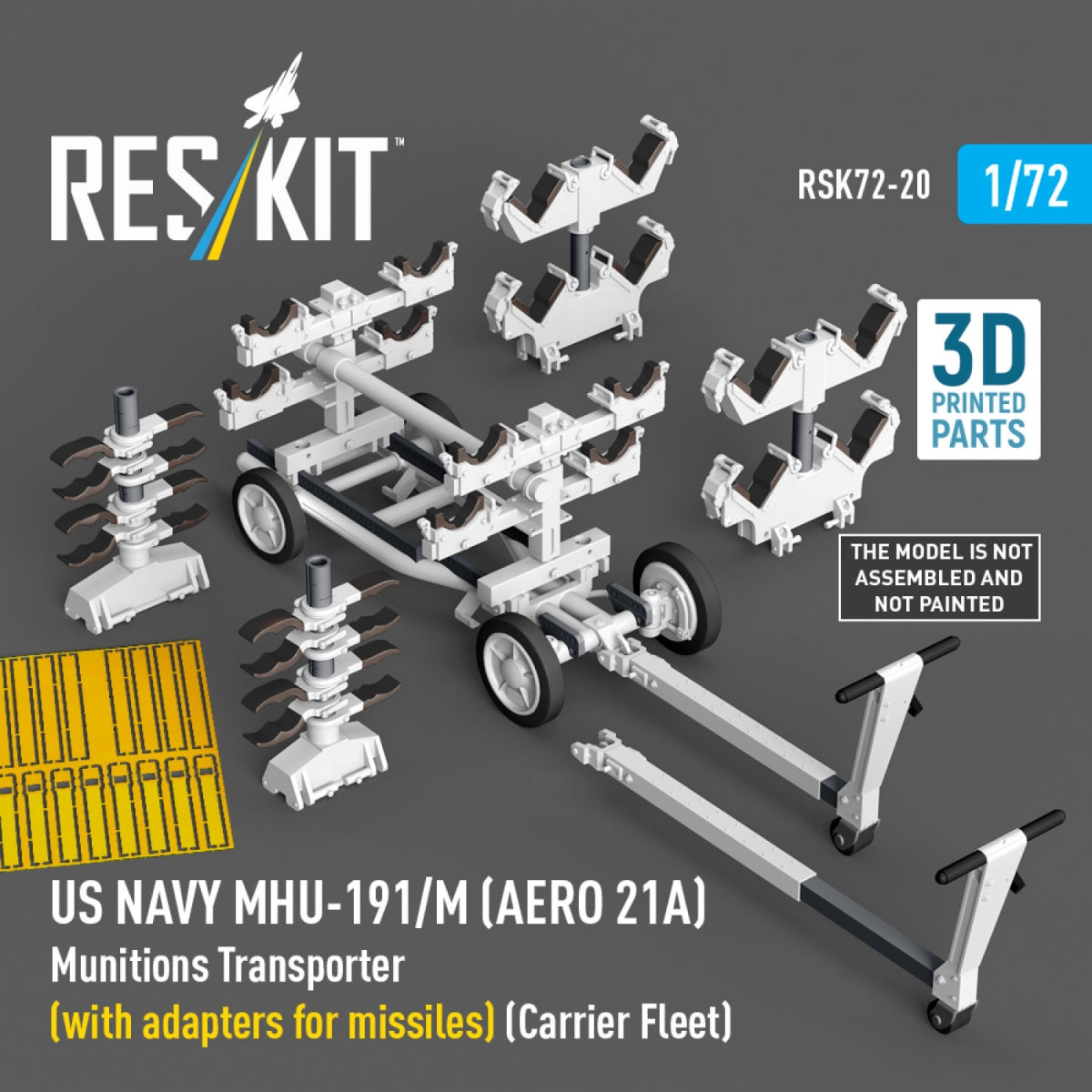 RESKIT RSK72-0020 US NAVY MHU-191/M (AERO 21A) Munitions Transporter (with adapters for missiles) (Carrier Fleet, C-130) (3D Printed model kit) 1/72 – image 2
