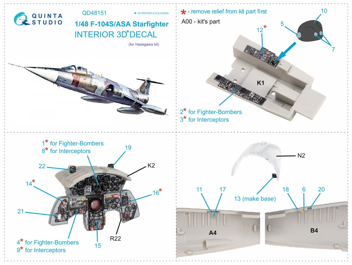 Quinta Studio QD48151 F-104S-ASA 3D-Printed &amp;amp; colored Interior on decal paper (Hasegawa) 1/48 – immagine 2