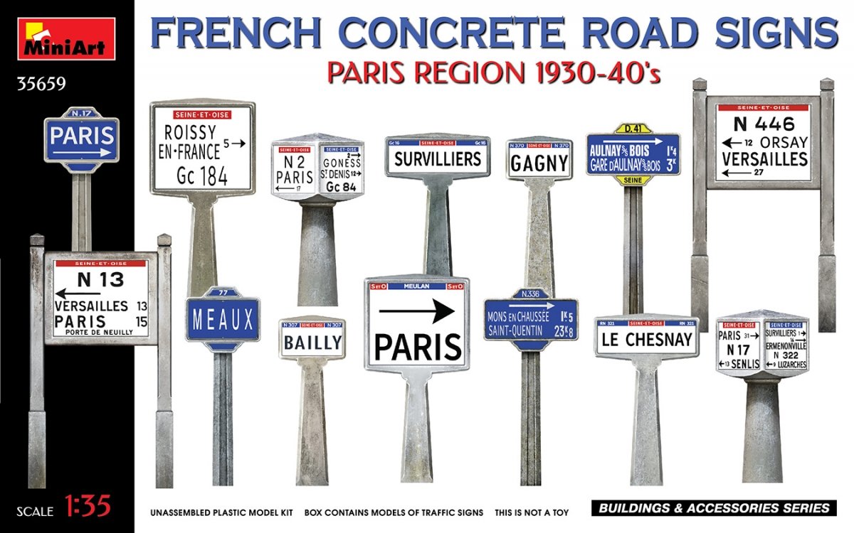 MiniArt 35659 FRENCH CONCRETE ROAD SIGNS. PARIS REGION 1930-40&amp;#39;s 1/35