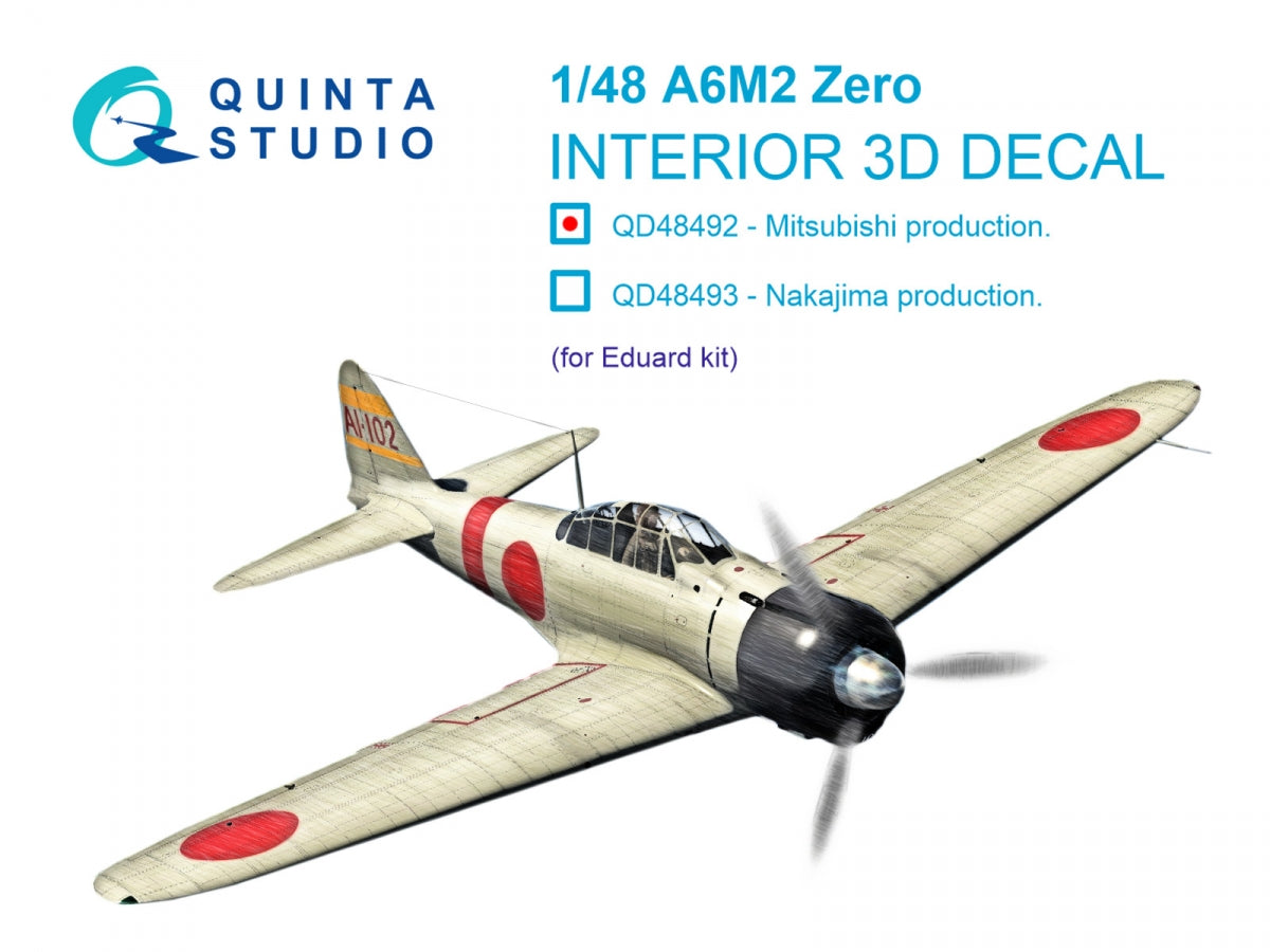 Quinta Studio QD48492 A6M2 Zero Mitsubishi Production 3D-Printed colored Interior on decal paper (Eduard) 1/48