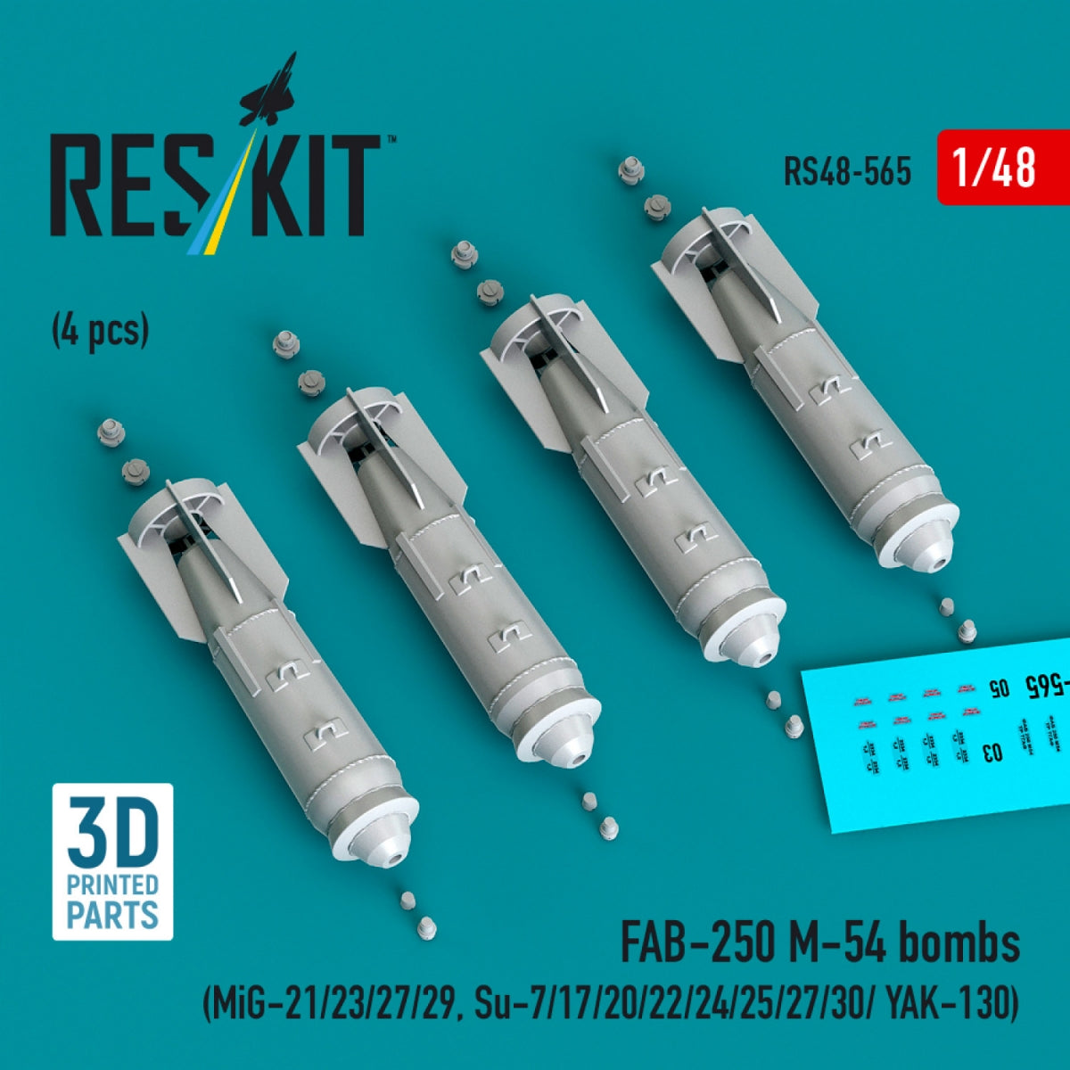 RESKIT RS48-0565 FAB-250 М-54 bombs (4 pcs) (MiG-21/23/27/29, Su-7/17/20/22/24/25/27/30/ YAK-130) (3D Printed) 1/48