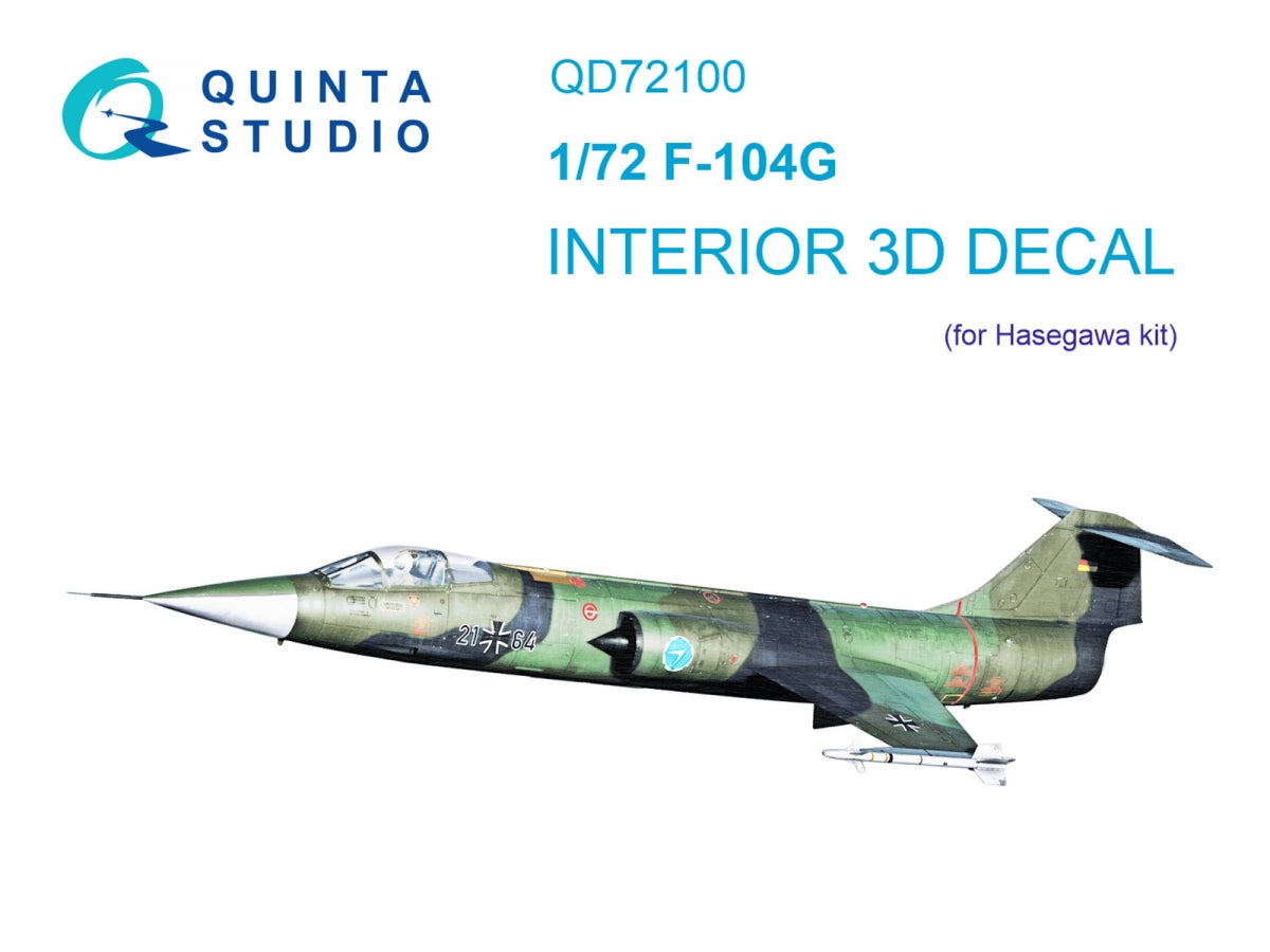 Quinta Studio QD72100 F-104G 3D-Printed &amp; colored Interior on decal paper (Hasegawa) 1/72