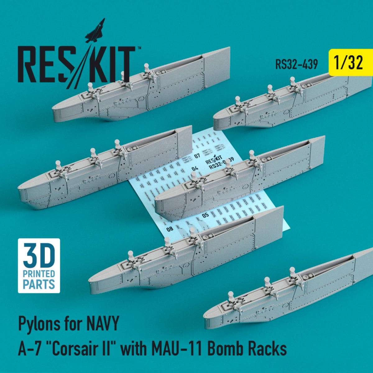Pylônes RESKIT RS32-0439 pour A-7 « Corsair II » de l'aéronavale avec supports de bombes MAU-11 (impression 3D) 1/32