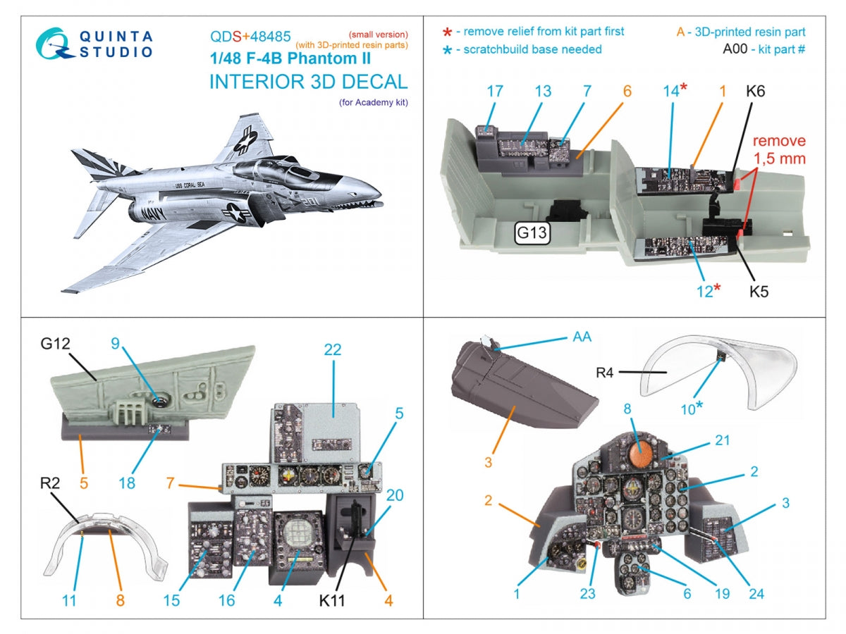 Quinta Studio QDS+48485 F-4B Phantom II 3D-Printed &amp;amp; colored Interior on decal paper (Academy) (Small version) (with 3D-printed resin parts) 1/48 – obrázek 3