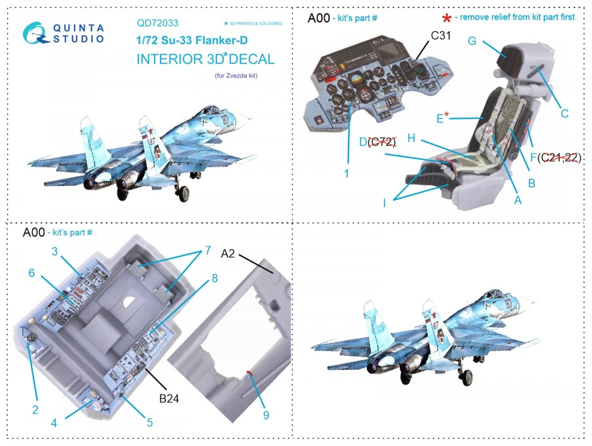 Quinta Studio QD72033 Su-33 3D-Printed &amp;amp; colored Interior on decal paper (Zvezda) 1/72 – image 5