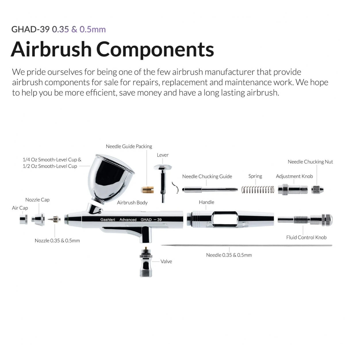 Gaahleri 40133 Advanced Series GHAD-39 Airbrush 0,35 mm &amp; 0,5 mm, 1/4 oz &amp; 1/2 oz