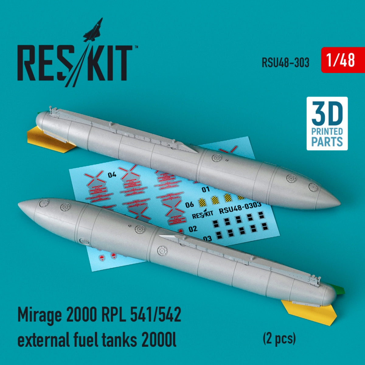 RESKIT RSU48-0303 MIRAGE 2000 RPL 541/542 RÉSERVOIRS DE CARBURANT EXTERNES 2000 L (2 PIÈCES) (IMPRIMÉS EN 3D) 1/48