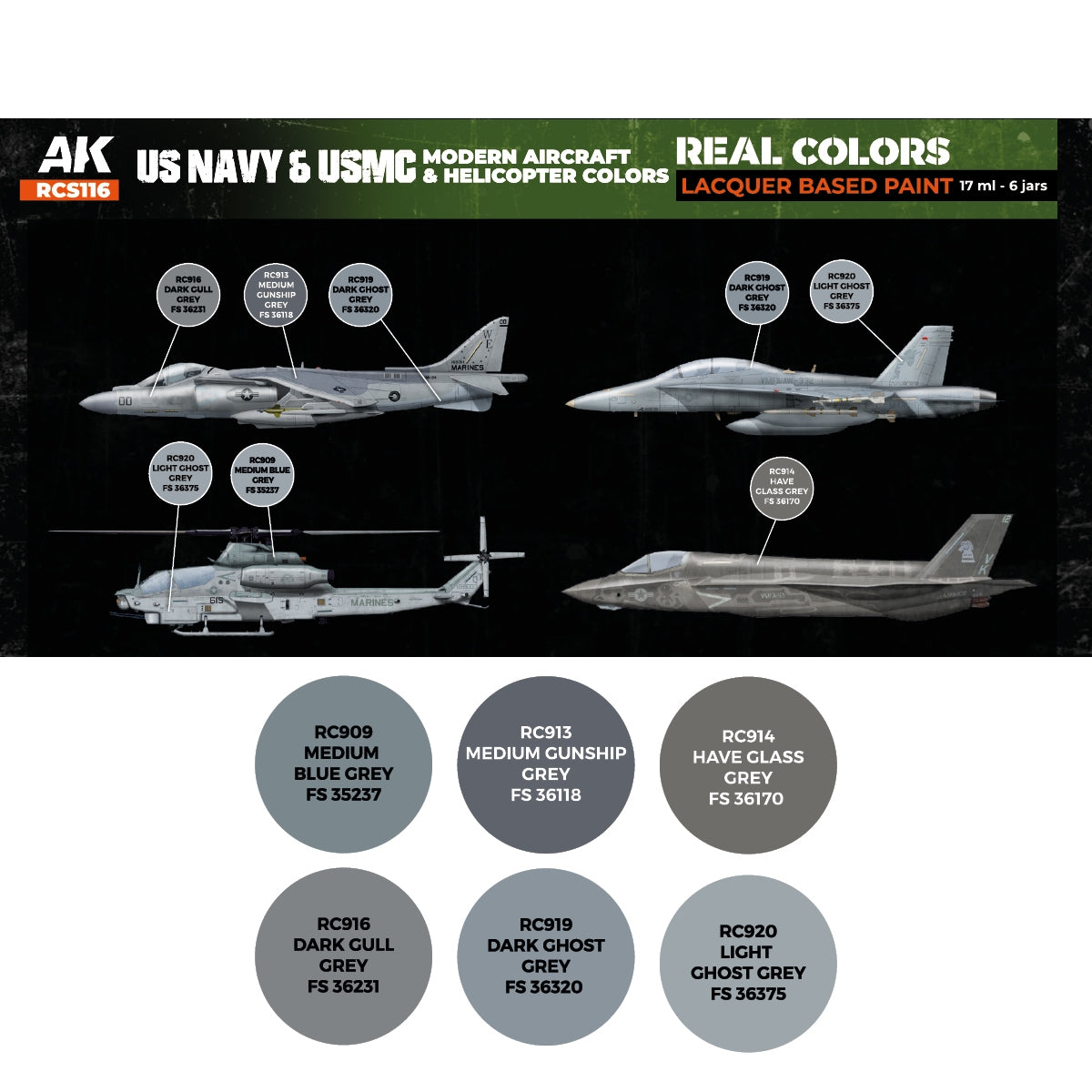 AK Interactive RCS116 US Navy and USMC Modern Aircraft and Helicopter Colors 6x17ml – obrázek 2