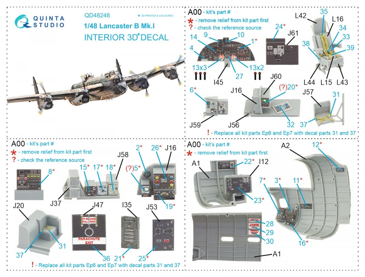 Quinta Studio QD48248 Lancaster B Mk.I 3D-Printed &amp;amp; colored Interior on decal paper (HK Models) 1/48 – imagen 15