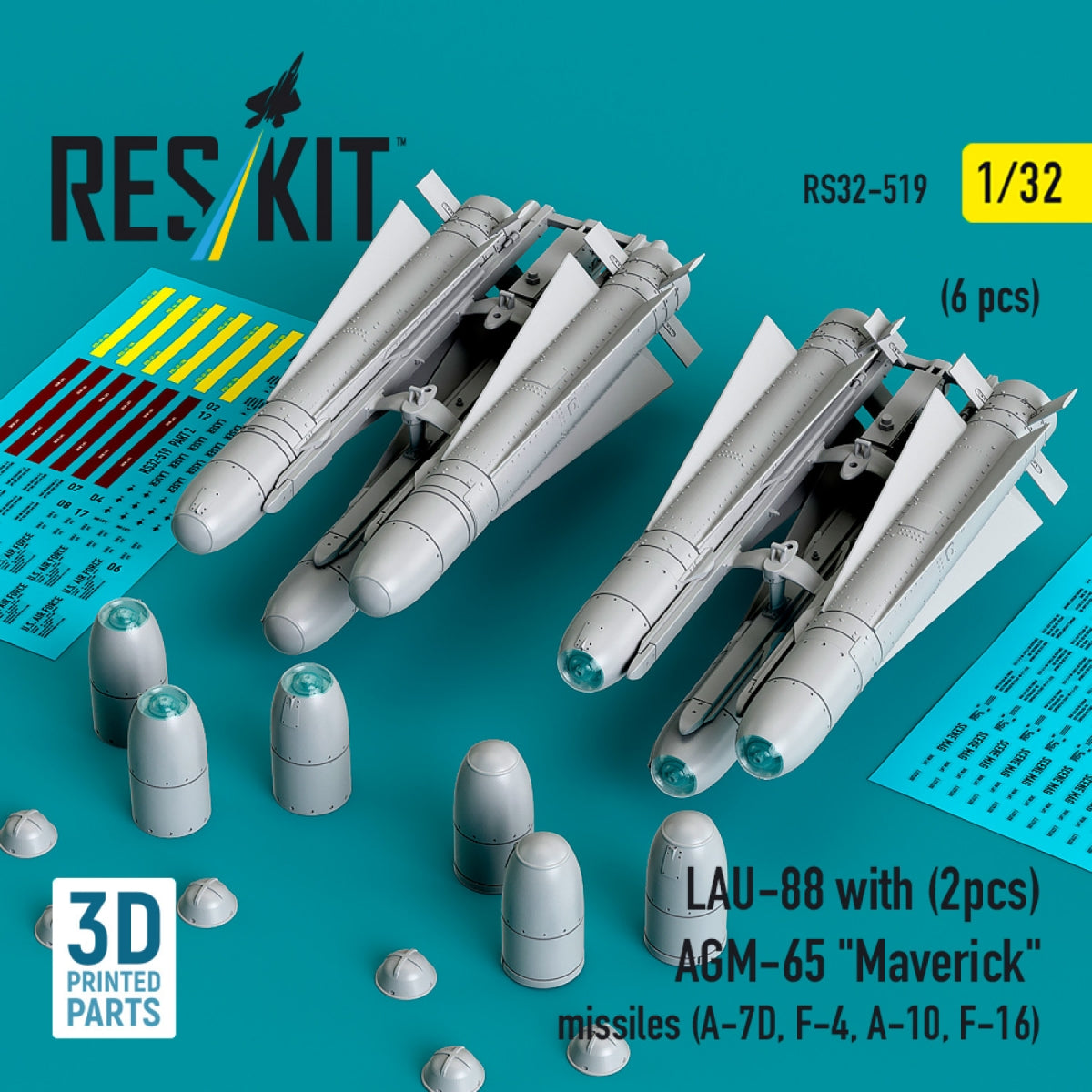 RESKIT RS32-0519 LAU-88 with (2 pcs) AGM-65 &amp;quot;Maverick&amp;quot; missiles (6 pcs) (3D Printed) 1/32
