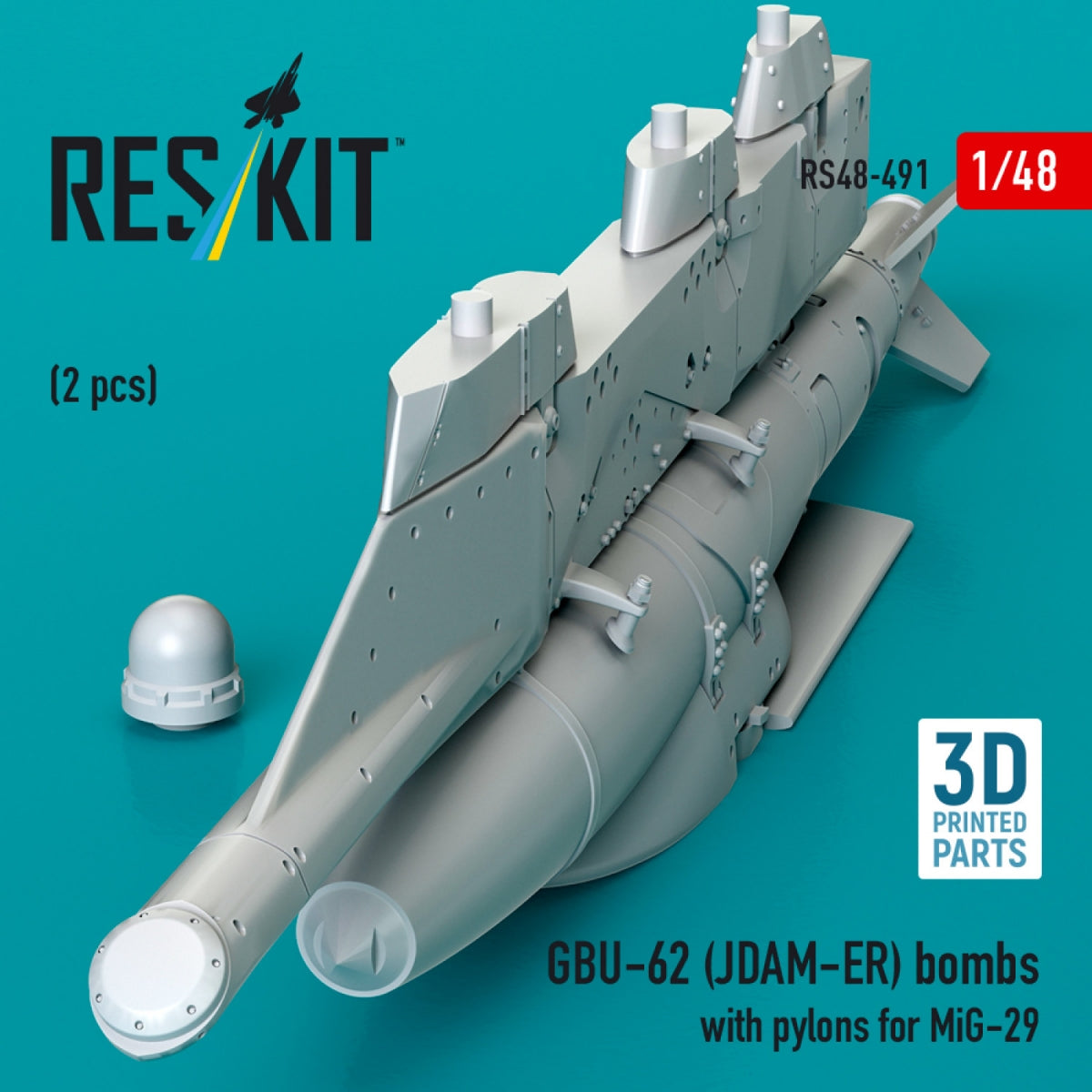 RESKIT RS48-0491 GBU-62 (JDAM-ER) bombs with pylons for MiG-29 &amp;quot;Fulcrum&amp;quot; (2 pcs) (3D Printed) 1/48 – image 2