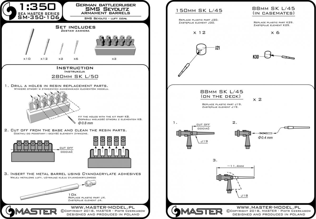 Master SM-350-106 SMS Seydlitz armament - barrels 280mm (10 pcs.), 150mm (12 pcs.), 88mm (8 pcs.) with resin elements for mounting the barrels (for Hobby Boss model) 1/350 – obrázek 5