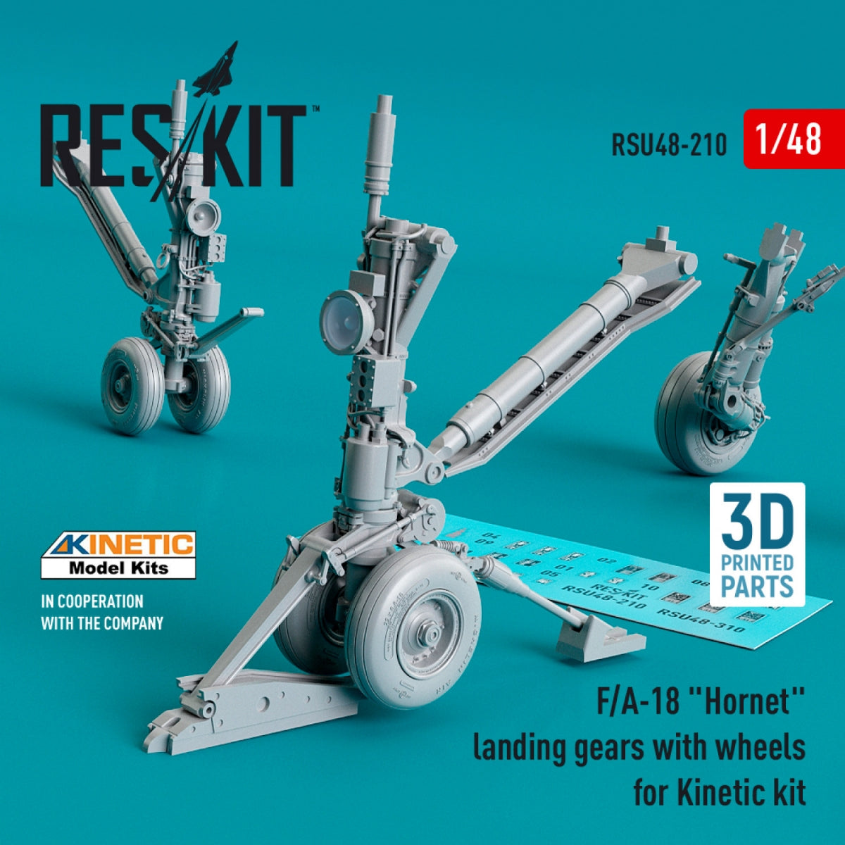 RESKIT RSU48-0210 F/A-18 "HORNET" LANDING GEARS WITH WHEELS FOR KINETIC KIT (RESIN &amp; 3D PRINTED) 1/48