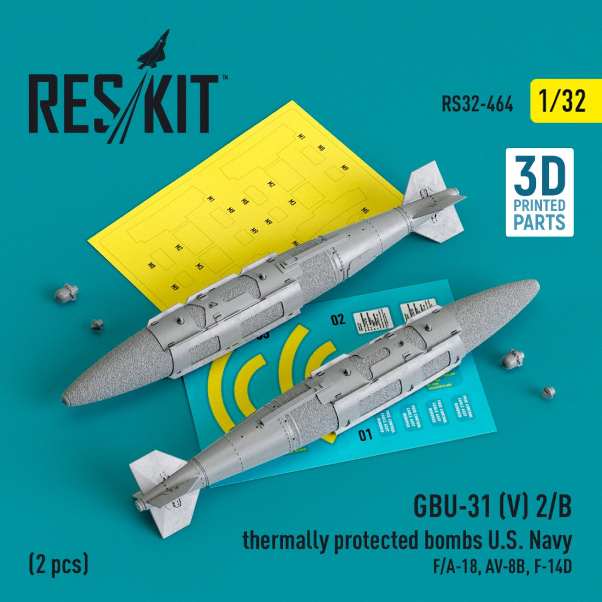 RESKIT RS32-0464 GBU-31 (V) 2/B thermally protected bombs US Navy (2 pcs) (3D Printed) 1/32