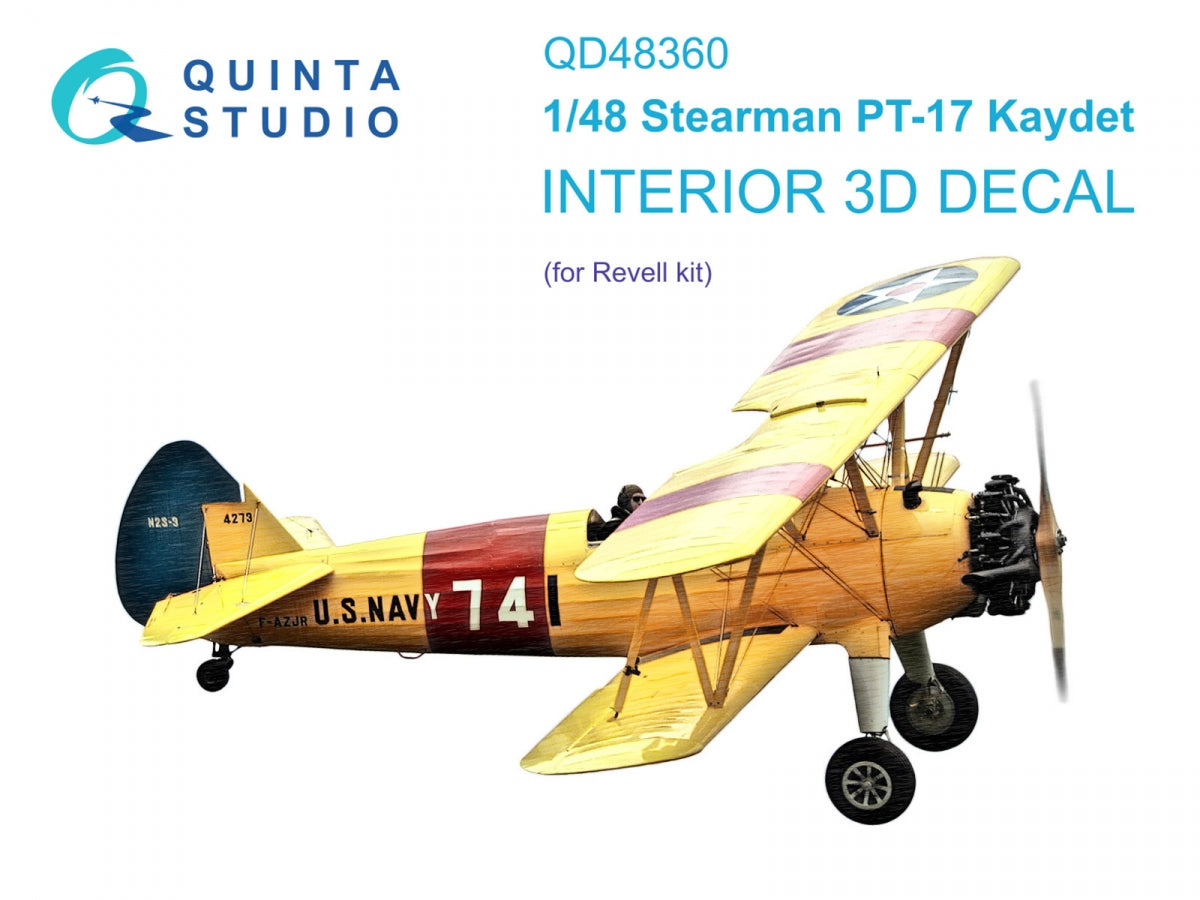 Quinta Studio QD48360 Stearman Pt-17 Kaydet 3D-Printed &amp;amp; colored Interior on decal paper (Revell) 1/48