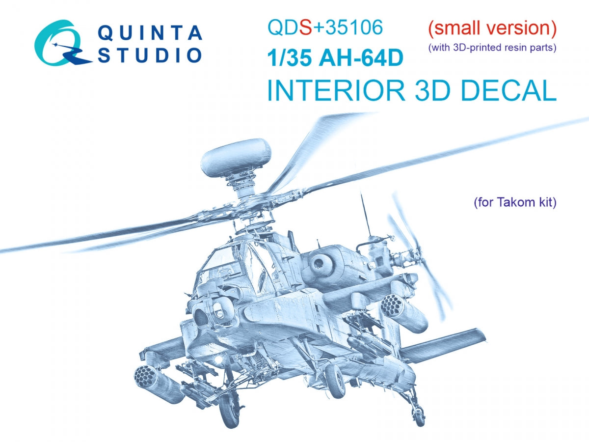 Quinta Studio QDS+35106 AH-64D 3D-Printed &amp;amp; colored Interior on decal paper (Takom) (Small version) (with 3D-printed resin parts) 1/35