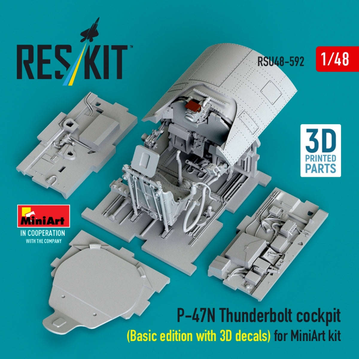 RESKIT RSU48-0592 P-47N Thunderbolt cockpit (Basic edition with 3D decals) for MiniArt kit (3D Printed) 1/48