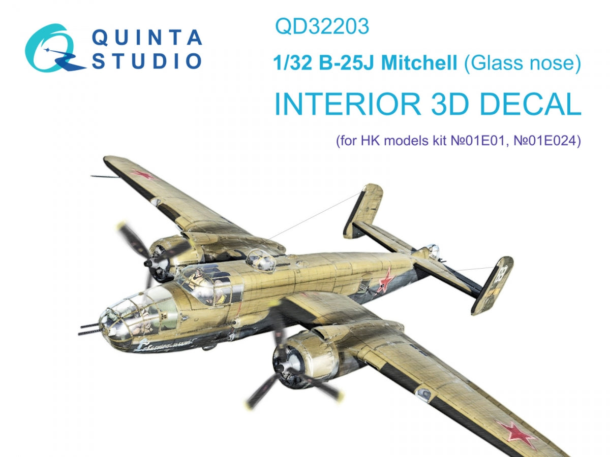 Quinta Studio QD32203 B-25J Mitchell Glass nose 3D-Printed &amp;amp; colored Interior on decal paper (HK models) 1/32