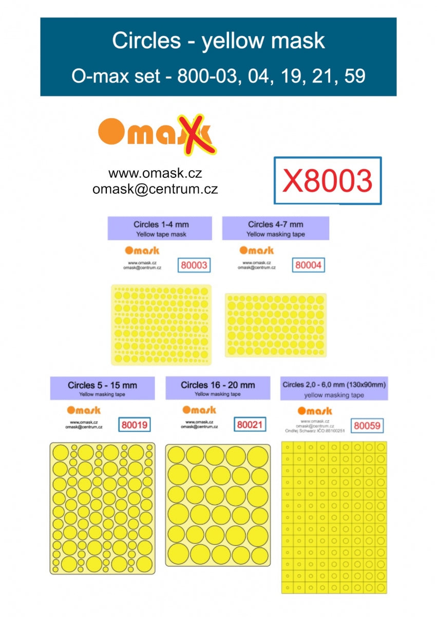 Omask X8003 Circles set - yellow masking tape - 1-4mm 2-6mm 4-7mm 5-15mm 16-20mm